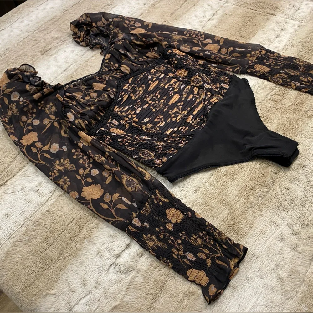 NWOT💕Free People Brunch Date Bodysuit in Black Combo Size XS